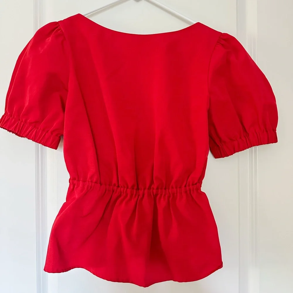STAUD Red Puff Sleeve Peplum Blouse CrissCross Open Back Size Small